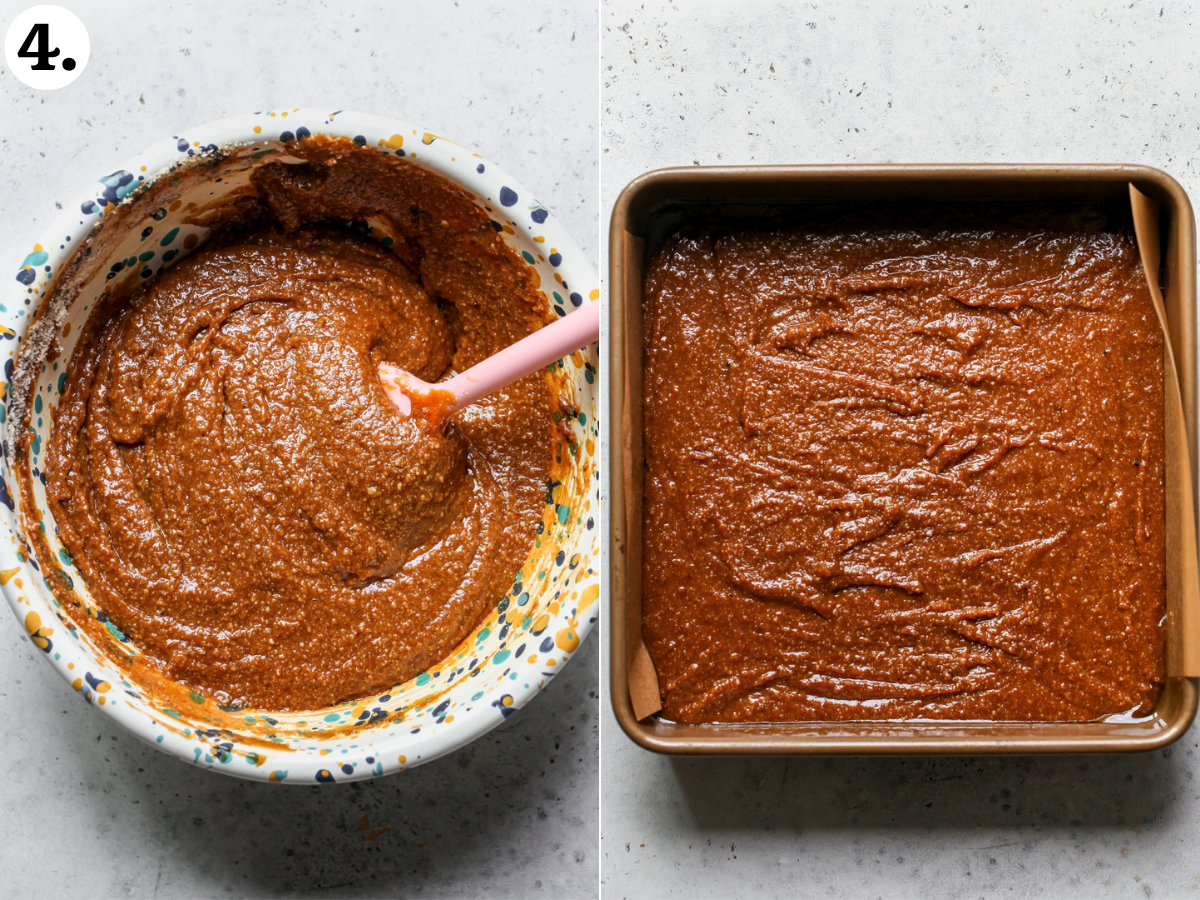 Batter being mixed in a speckled mixing bowl and transferred to an 8-inch square baking dish to bake.