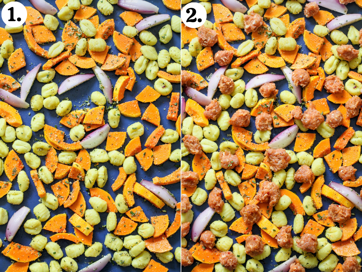 Gnocchi, squash, and shallots tossed in oil, herbs, and Parmesan on a sheet pan, with dollops of sausage throughout.