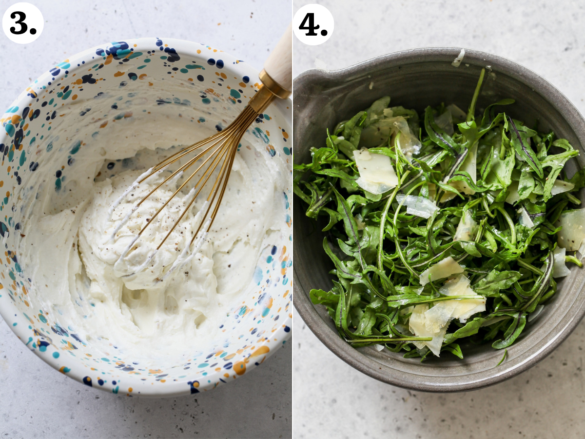 Ricotta being whipped with a metal whisk in a mixing bowl, and arugula being tossed with Parmesan and olive oil in a separate bowl.