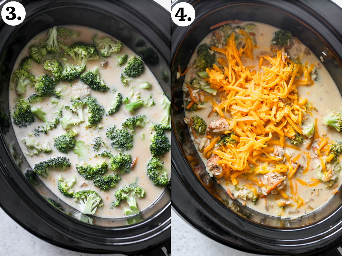 Broccoli, cheddar, rice, and cream added to the slow cooker.