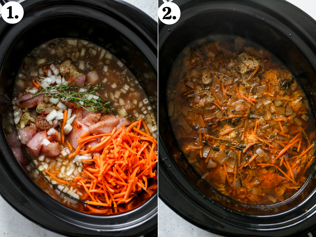 Chicken, spices, carrots, onion, thyme, and chicken broth added to a slow cooker.
