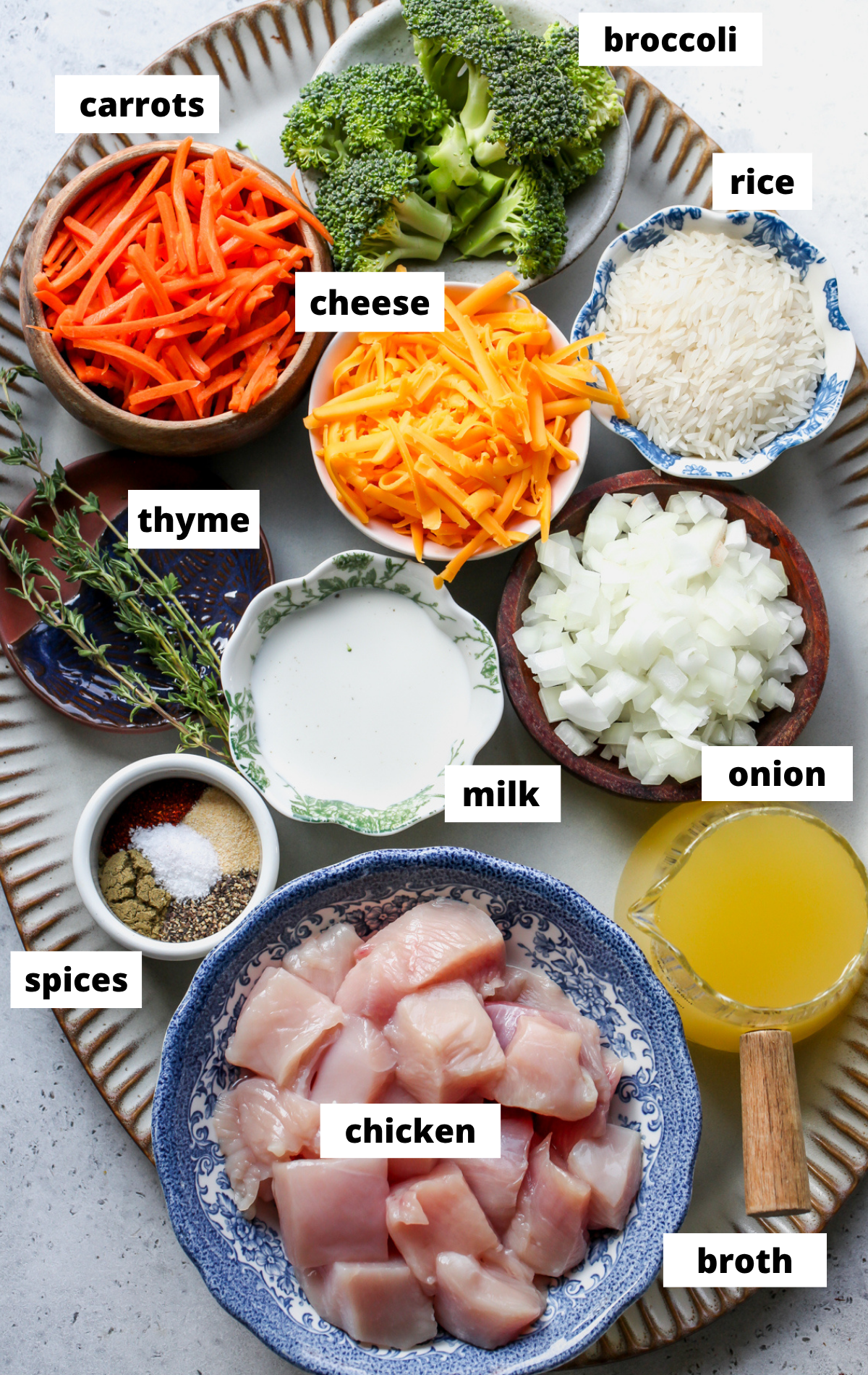 Recipe ingredients arranged on a large scalloped platter with labels.